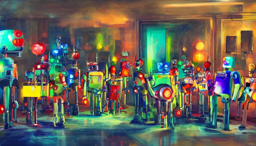 Prompt: robots having a cocktail party in an art gallery while robots paint landscapes on canvases, dramatic lighting, 4 k