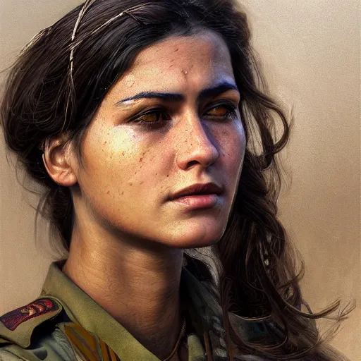 Image similar to a portrait of a beautiful woman Kurdish YPJ soldier, detailed, centered, digital painting, artstation, concept art, donato giancola, Joseph Christian Leyendecker, WLOP, Boris Vallejo, Breathtaking, 8k resolution, extremely detailed, beautiful, establishing shot, artistic, hyperrealistic, beautiful face, octane render