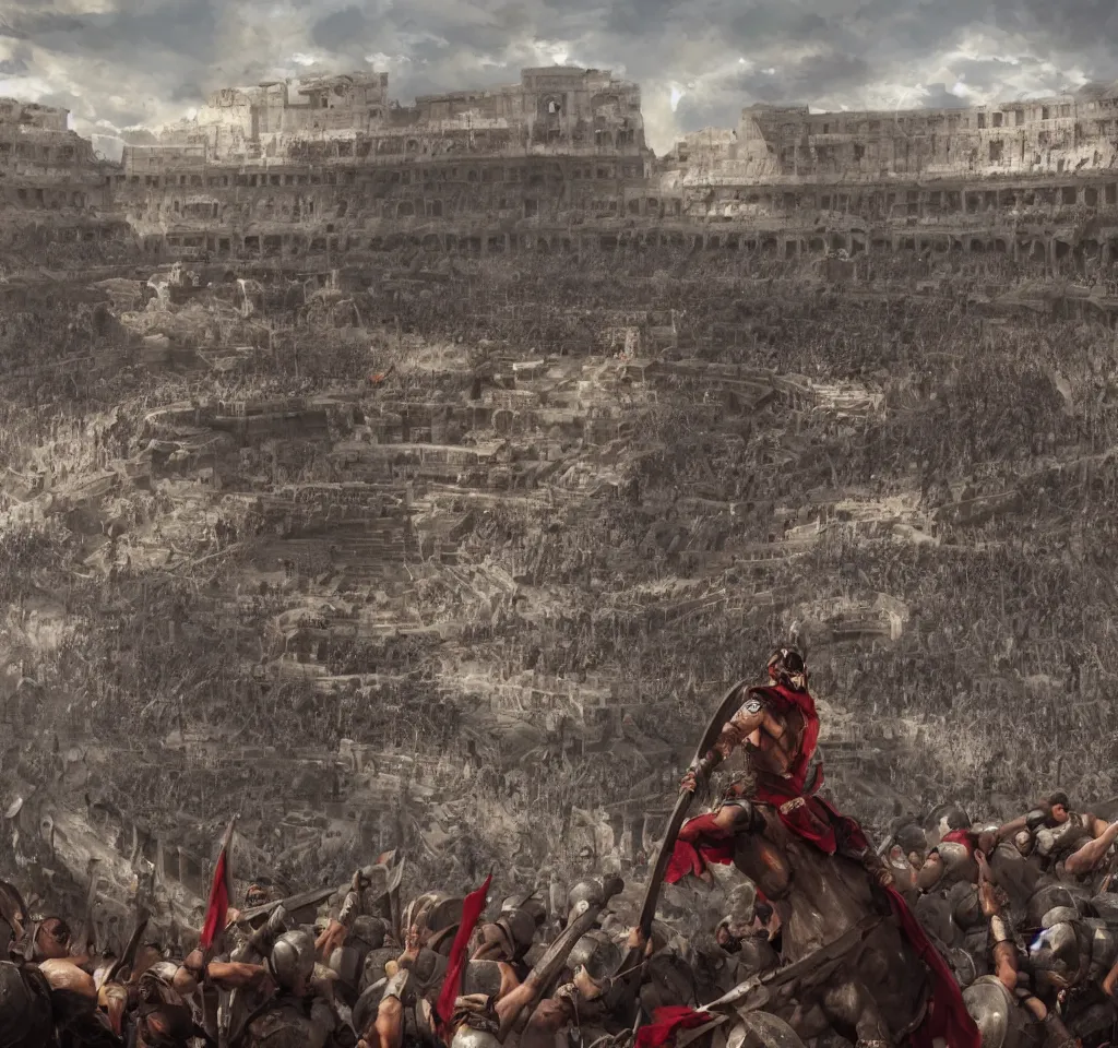 Image similar to Roman Gladiator at battle in a giant coliseum, wide angle shot, Flags on pillars , cinematic lightning, medium shot, mid-shot, highly detailed, trending on artstation, Unreal Engine 4k, cinematic, very highly Detailed, digital, HDR, Kodak Ektar, wide-angle lens, 3D concept art by Greg Rutkowski, Gary Houston, Stephan Martiniere and Alexander Fedosav