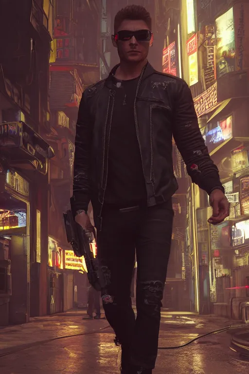 Image similar to a detailed full bodied 3 d render of an extremely handsome jensen ackles as time traveler walking down a dark alley in cyberpunk 2 0 7 7, holding a milkor mgl grenade launcher, aetherpunk, volumetric lighting, octane render, 8 k, art by greg rutkowski and albert bierstadt and alphones mucha