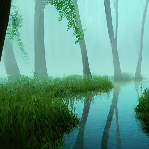 Image similar to concept of artistic swamp with mystic fog, water on the foreground and fisher with fishing rode, from horror movies, artstation, lowpoly vegetation