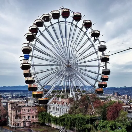 Image similar to A ruined city floating, in the sky, metropolises, modern, overgrown, a giant Ferris wheel