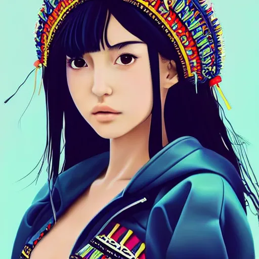 Image similar to a beautiful young japanese natalie portman alluring gravure model, stylized concept art, wearing elaborate oversized designer bomber jacket and one piece bikini, bulky bomber jacket with mesoamerican patterns, mesoamerican native street fashion, princess mononoke, painted by ilya kuvshinov aesthetic, gorgeous, stunning, alluring, attractive, artstation, pinterest, digital art