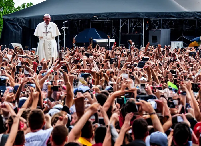 Image similar to photo still of pope francis on stage at the vans warped tour!!!!!!!! at age 3 6 years old 3 6 years of age!!!!!!!! stage diving into the crowd, 8 k, 8 5 mm f 1. 8, studio lighting, rim light, right side key light