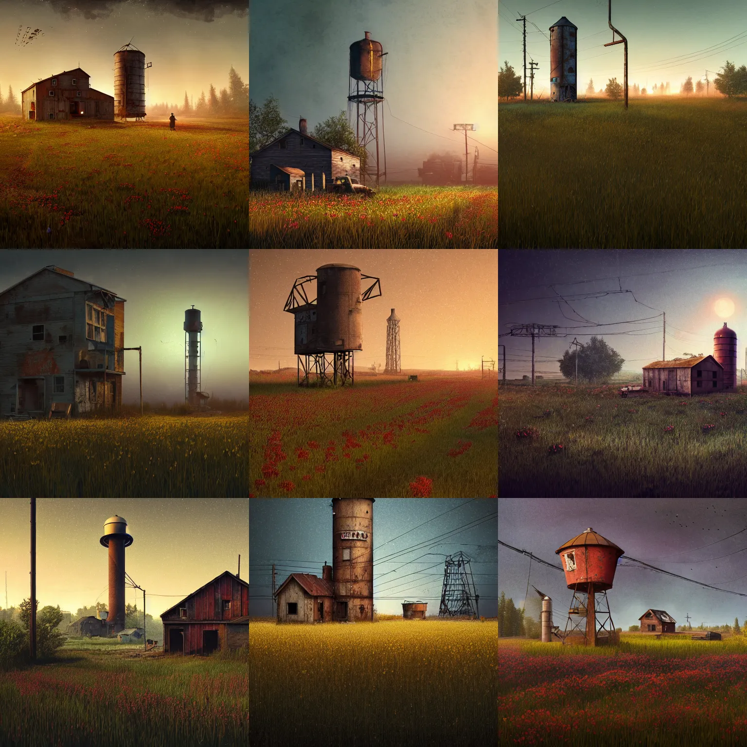 Prompt: rural post - cyberpunk post - apocalyptic farmhouse with a rusty water tower in a flower field by scott listfield and gregory crewdson, post - cyberpunk, at night, fog, 8 k render, trending on cgsociety, trending on artstation