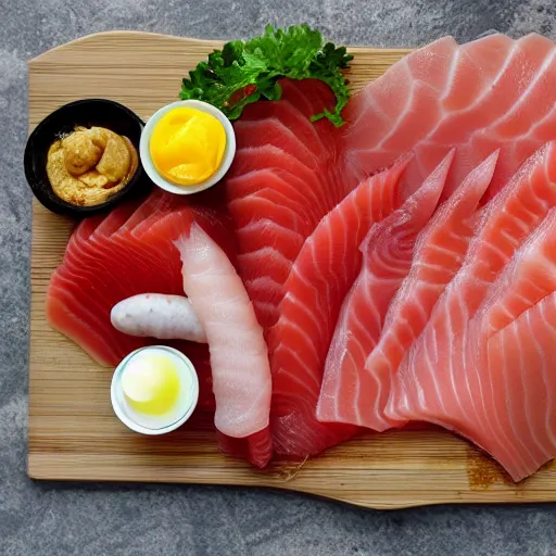 Prompt: digging board full of sashimi, sausages and hardboiled eggs