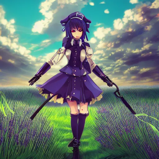 Prompt: an anime girl with steampunk weapons walking in a plain grassy field, steampunk robots can be seen in the distance, anime, extremely detailed, lavender flowers, cinematic lighting,