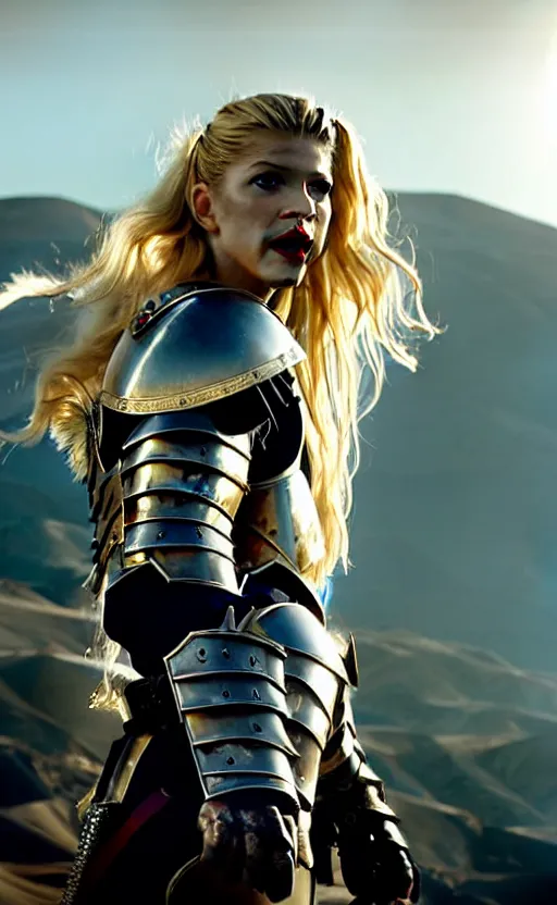 Image similar to katheryn winnick in a knight armor, full plate, photography, movie poster, red lipstick, leather, blood stains, blood dripping, blade, hair in the wind, shiny metal armor, gold, victorious on a hill, battlefield, blue sky, sunshine, lens flare, hard light, full body, sword pointed at sky, severed head