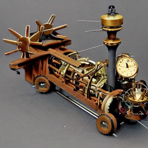 Prompt: A mechanical gyroscope airplane with a train crashing into the back of it, steampunk, style