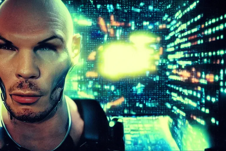 Image similar to cyborg - pitbull, surrounded by screens, in 2 9 9 9, y 2 k cybercore, industrial low - light photography, still from a ridley scott movie