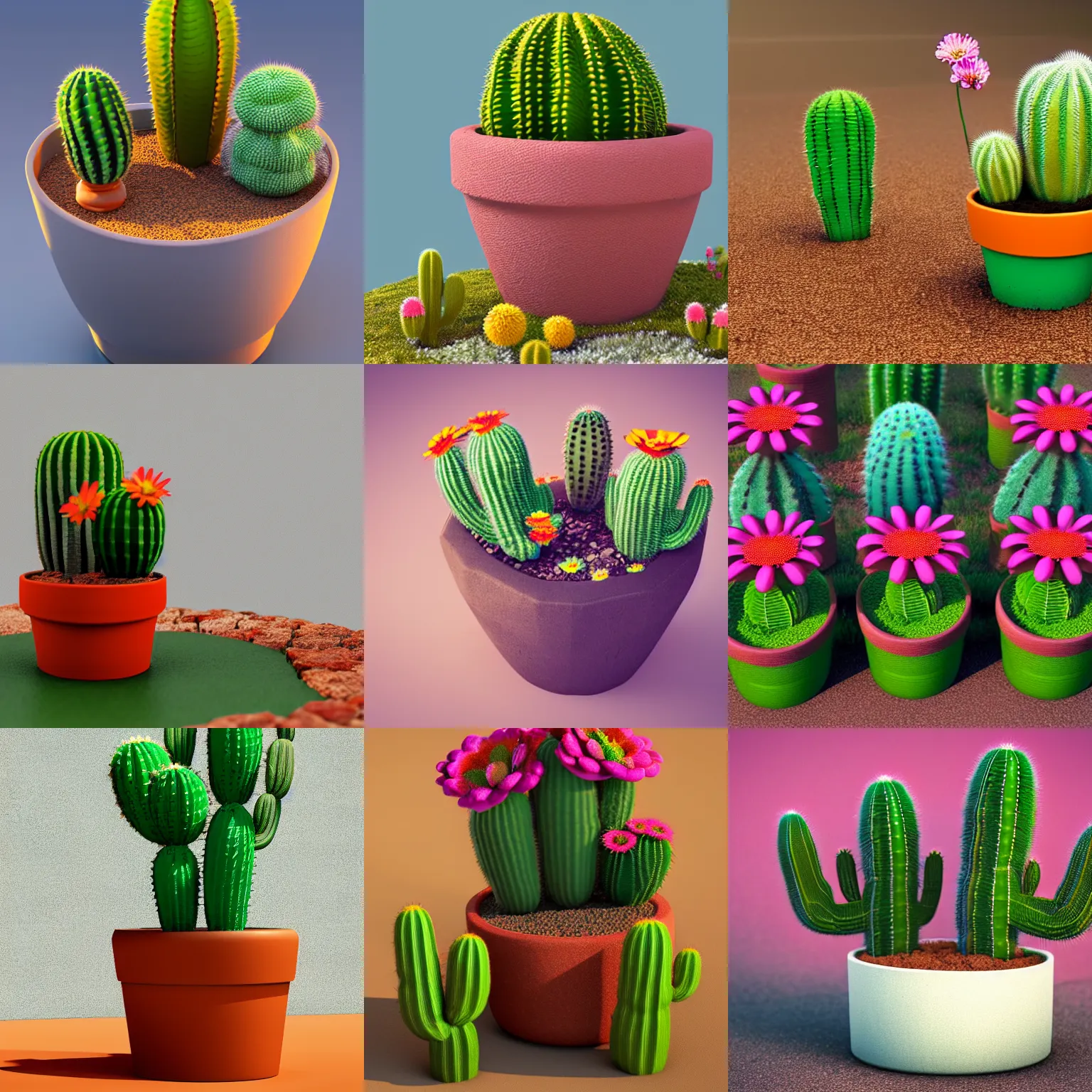 Prompt: a isometric macro 3 d render of flower pot with different cactus, flowers, a little gnomo, details in the ground, a lot of sub surface scatering, realistic textures, flowers, soft light, warm colors, detailed, blurred background, octane, trending artstation