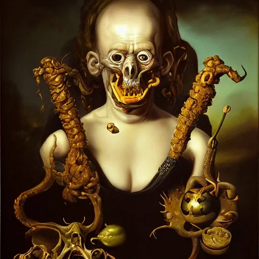 Image similar to refined gorgeous blended oil painting with black background by christian rex van minnen rachel ruysch dali todd schorr of a chiaroscuro portrait of an extremely bizarre disturbing mutated man with shiny skin acne dutch golden age vanitas intense chiaroscuro cast shadows obscuring features dramatic lighting perfect composition masterpiece