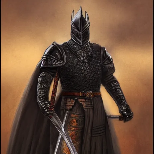 Image similar to black knight with raised broad sword standing atop castle, fantasy art, highly detailed, realistic, Diego Gisbert style,