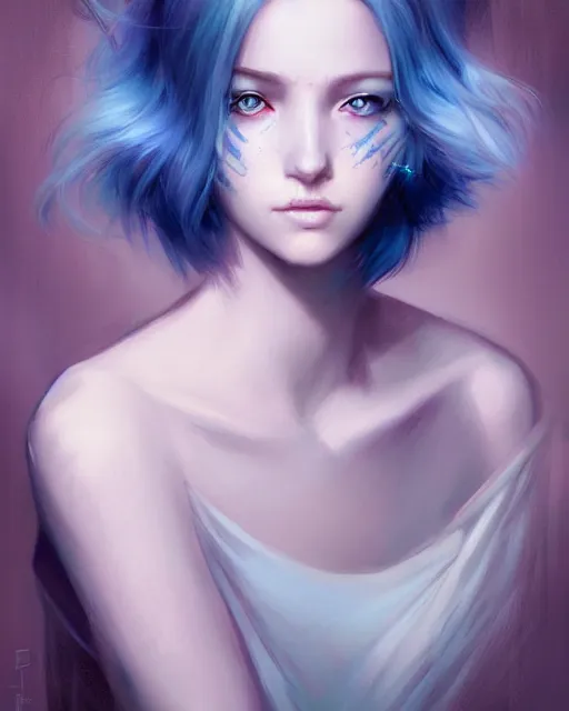 Prompt: Portrait by Charlie Bowater and Ross Tran, blue hair, soft colors, pastels