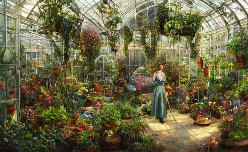 Image similar to a greenhouse with alien plants, potions, fountain in the middle, fantastic lighting, oil painting, high detail, a women working behind a counter