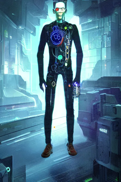 cyberpunk personage in a punk rock suit standing in