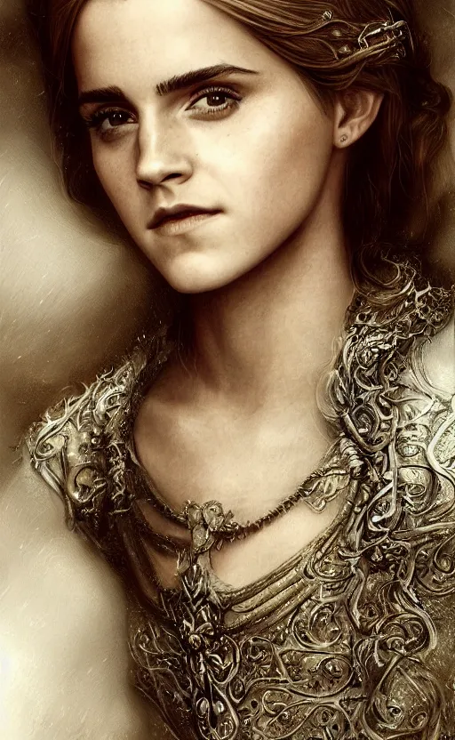 Image similar to photo photorealistic portrait closeup photograph of Emma Watson as Joan of Arc, long hair, intricate, elegant, highly detailed, digital painting, artstation, concept art, sharp focus, illustration, art by and greg rutkowski and aleksi briclot and bouguereau detailed photograph intricate insanely detailed octane render, 8k artistic photography, photorealistic, Edward Steichen, Peter Lindbergh, Albert Watson