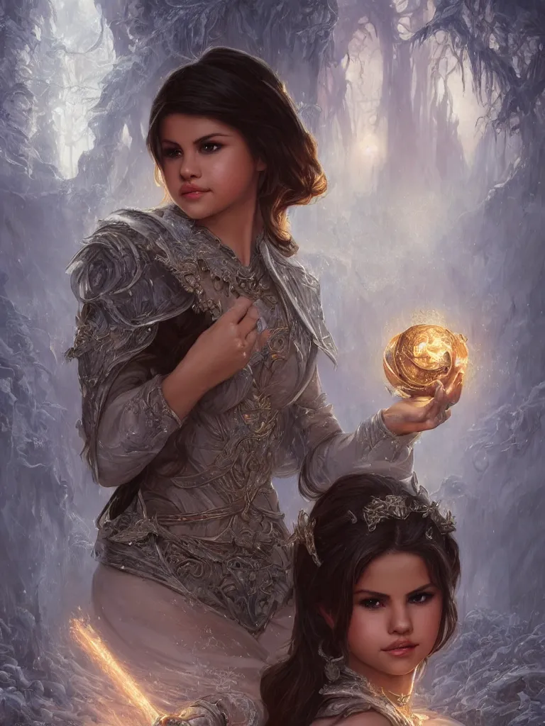 Image similar to Selena Gomez casting an frost spell, D&D, fantasy, intricate, elegant, highly detailed, digital painting, artstation, concept art, matte, sharp focus, illustration, hearthstone, art by Artgerm and Greg Rutkowski and Alphonse Mucha