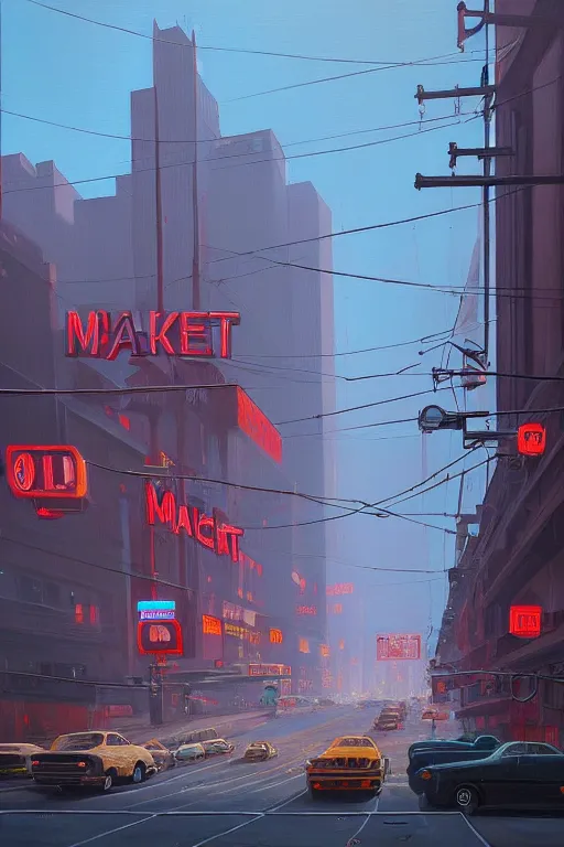 Image similar to Market Street, San Francisco; oil on canvas by Klaus Bürgle and Simon Stålenhag;