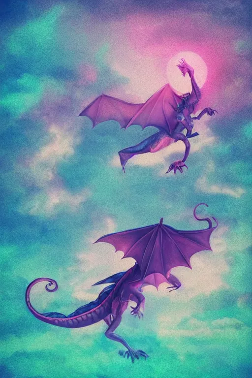 Image similar to a magical dragon making a girl fly in the sky without wings, they are in the edge of a beautiful hill, aesthetic, pastel filter, pastel effect, pastel style, 2 d art