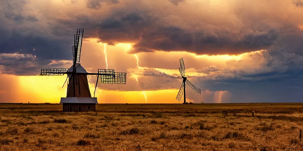 Image similar to photo of a stormy west texas sunset, perfect american windmill, film photo, lightning, golden hour, high quality, beautiful!!!