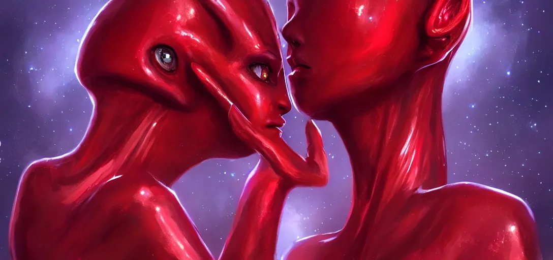 Image similar to red crystal alien girl, fantasy art, trending on artstation