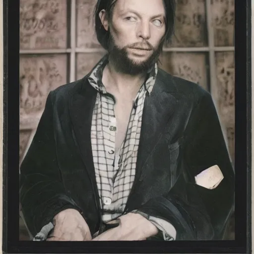 Image similar to Thom Yorke, a man with a beard and a black jacket, a portrait by John E. Berninger, dribble, neo-expressionism, uhd image, studio portrait, 1990s