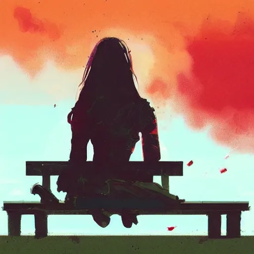 Image similar to girl sitting on a park bench, nuclear explosion in the background, nuclear bomb cloud, by conrad roset, by greg rutkowski, digital art