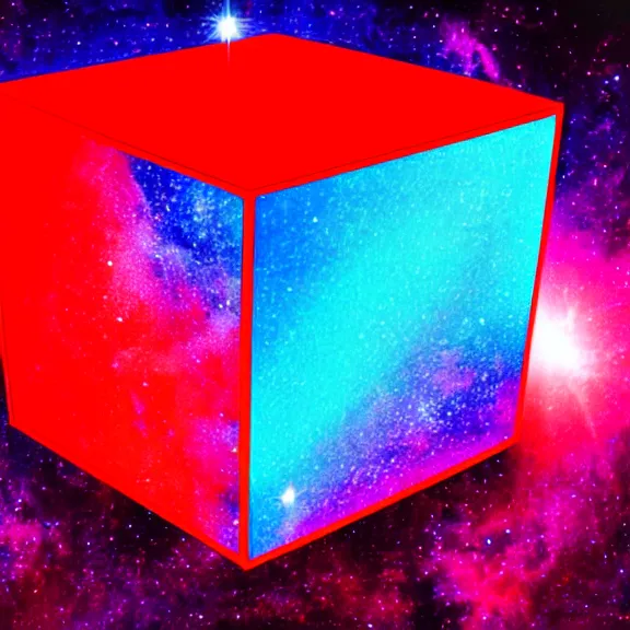 Prompt: red iridescent cube left position, deep space background