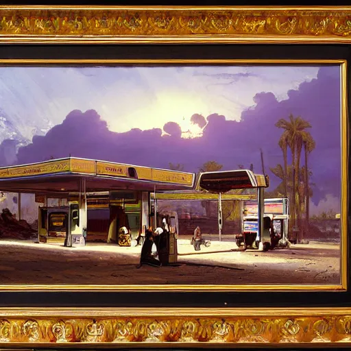 Image similar to painting of syd mead artlilery scifi gas station with ornate metal work lands on a farm, filigree ornaments, volumetric lights, purple sun, in yemen andreas achenbach