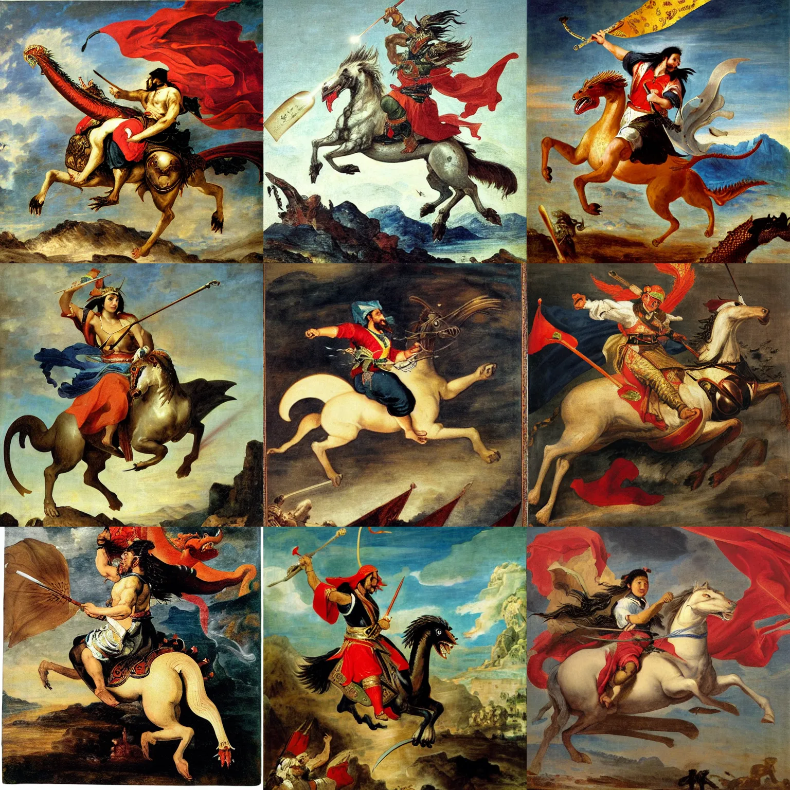Prompt: Kublai Khan riding a dragon which is firing lasers, Academy piece by Delacroix, neoclassical style, highly detailed, raffiné, chef d'oeuvre, modern art exhibition catalog