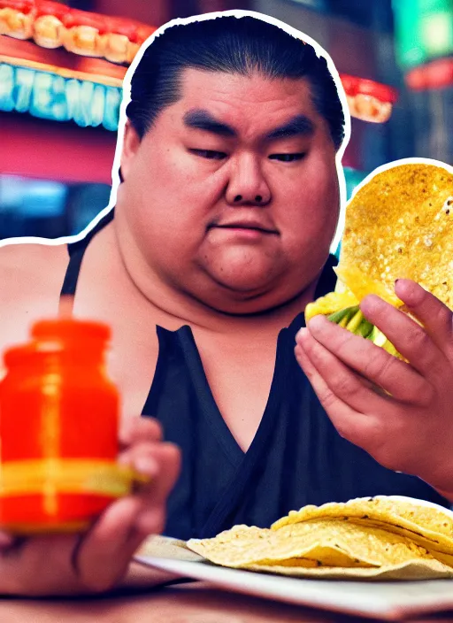 Image similar to sumo wrestler eating crispy tacos, holding hot sauce, portrait, photo realism, bokeh background, neon lights, city background, high definition, slr