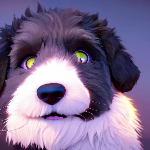 Prompt: a wholesome animation key shot of a black bernedoodle puppy, studio ghibli, pixar and disney animation, sharp, rendered in unreal engine 5, anime key art by greg rutkowski, bloom, dramatic lighting