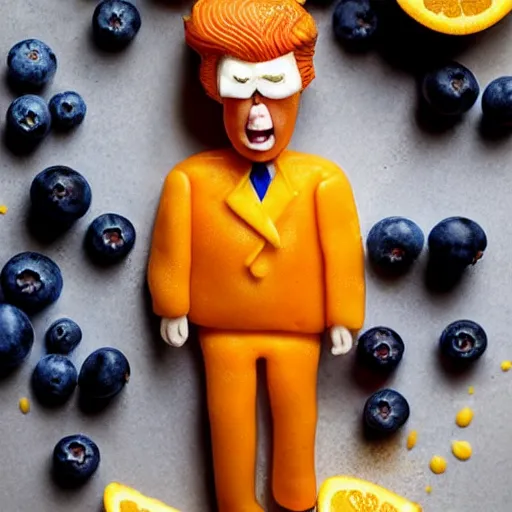 Prompt: edible donald trump made of lemon skin for hair, cake and orange pieces for the face, blueberries and whipped cream for the suit, from the beautiful'food art collection ', dslr