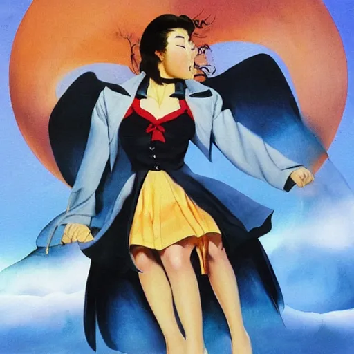 Prompt: clothed in school uniform jacket, skirt dress japanese schoolgirl painting by boris vallejo, frank frazetta, julie bell, salvador dali, larry elmore, keith parkinson and lyde caldwell