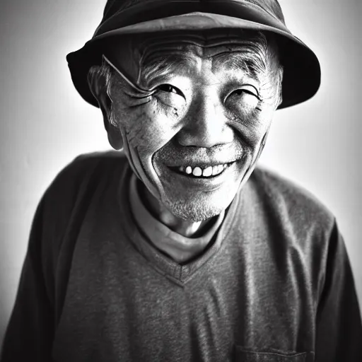 Image similar to a character portrait photo of a smiling old japanese man, hopeful, flickr contest winner, neo-expressionism, art photography, industrial background, hyperrealism, chiaroscuro, anamorphic lens flare, elegant, shallow depth of field, haze, volumetric lighting, low-contrast, colors, photo taken with provia, 24mm, f1.8, by Filip Hodas, by Andrew Domachowski