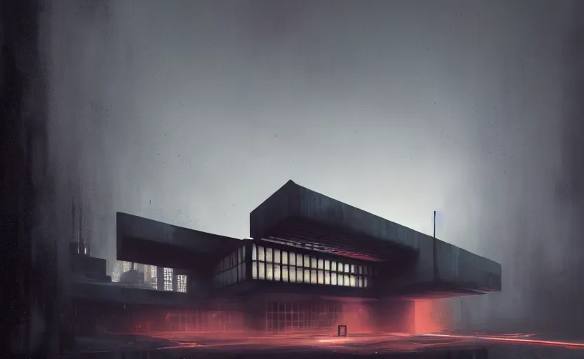 Prompt: An Exterior wide angle shot painting of a cyberpunk brutalist architecture House with warmly lit windows and neon lights by Peter zumthor and James Turrell, Greg Rutkowski and Craig Mullins , Dark atmospheric sad and cinematic lighting, Trending on artstation, Archviz, Archdaily, Deezen, Design milk, Architectural visualisation