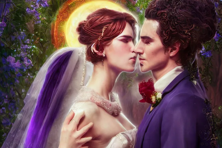 Image similar to a dreamlike cinematic portrait of wedding photograph close up moment of a divine a russia sun god and moon goddess lovers magician at a wedding banquet. portraiture. digital painting. artstation. concept art. fantasy wedding photo. digital painting, 8 k realistic, hyper detailed, violet evergarden art masterpiece by art by krenz cushart