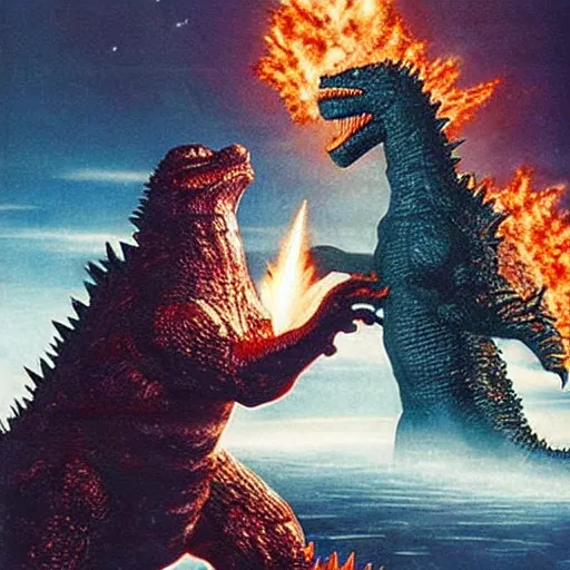 Image similar to Godzilla fighting Jesus Christ in Space