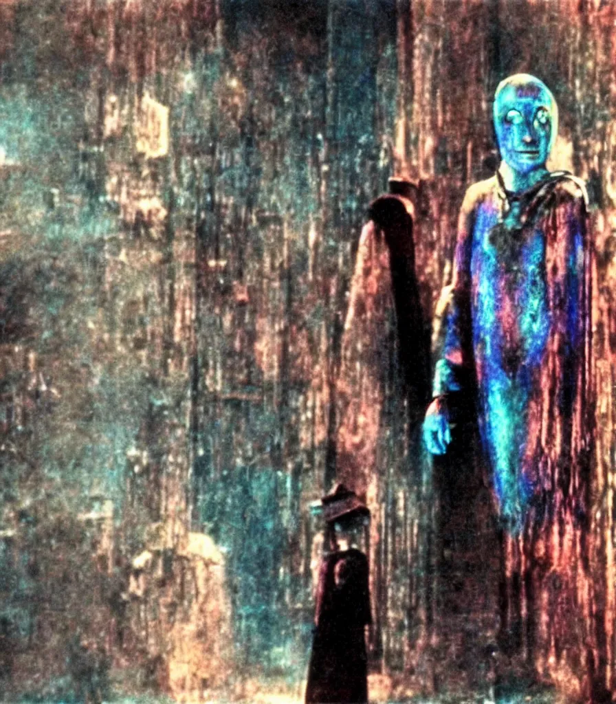 Image similar to high quality colorized movie still from Metropolis: a lonely ghost walking alone at night, high quality silent movie, iridescent color palette