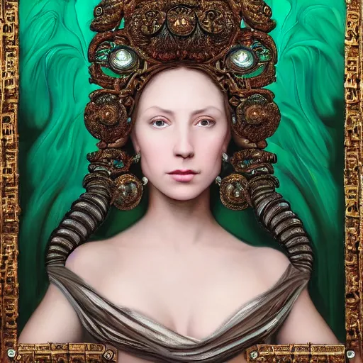 Prompt: renaissance oil painting, very beautiful woman integrating with technology, full face frontal centered, portrait, insipiring, detailed intricate ornate cables connected to head, big open electric eyes, luxurious detailed abundent wiring and implants, diamonds, sci-fi, neon, emeralds, detailed technology full background, highly detailed, artstation, Rene Lalique and Eddie Mendoza and Gil Elvgren