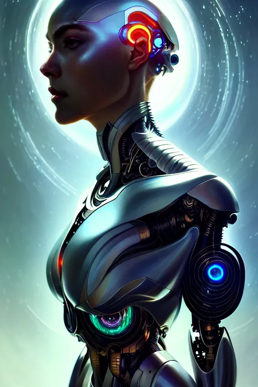 Prompt: portrait of ultra realistic, beautiful cyborg woman, metahuman, sci-fi, fantasy, manga, intricate, elegant, highly detailed, digital painting, octane render, artstation, concept art, smooth, sharp focus, eerie, illustration, art by artgerm and and greg rutkowski and alphonse mucha