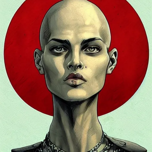 Image similar to intricate portrait, pure skin, bald, short blue hair, in the style of enki bilal!