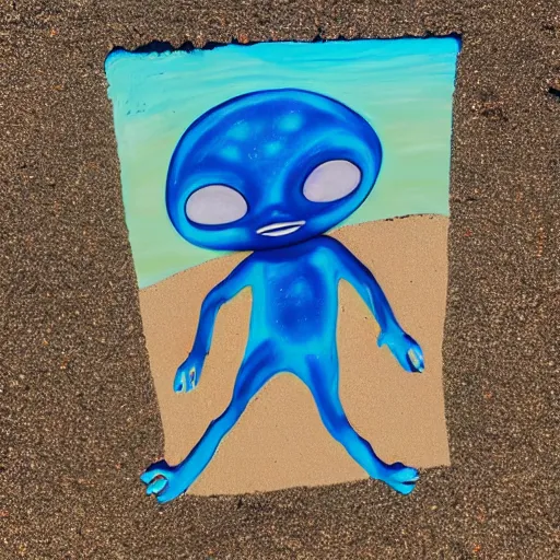 Prompt: painted alien baby playing at the beach with sand on a beautiful day with clean angles