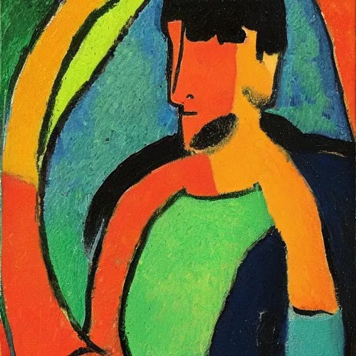 Image similar to painting of a iraqi boy, in a jungle, by alexej von jawlensky