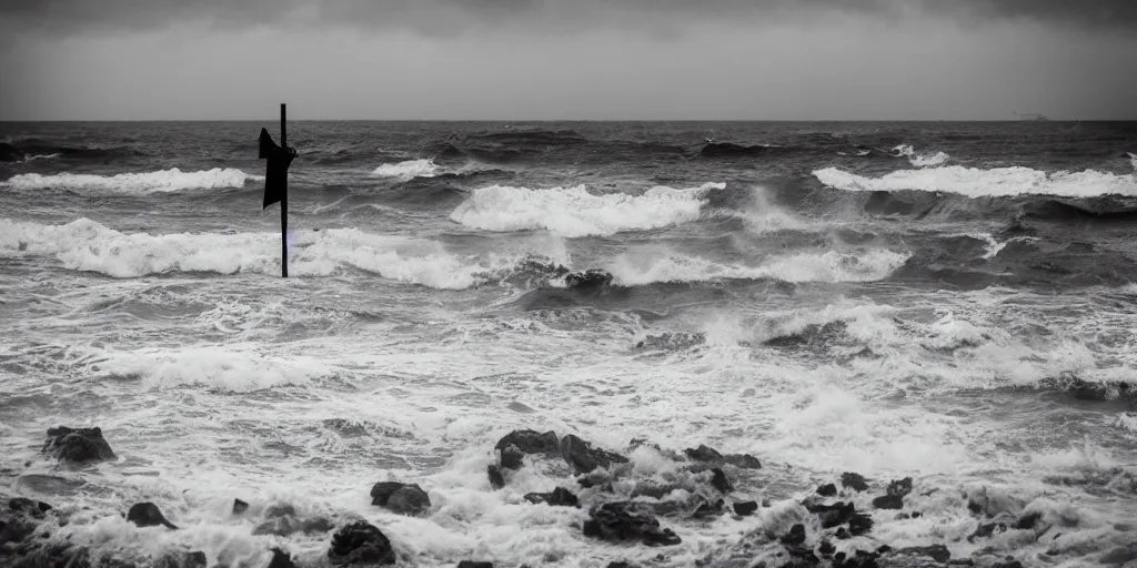 Image similar to super gloomy beach with impenetrable forest inland and violent waves off shore. The grim reaper standing next to men on pikes vlad the impaler in the front right, depressive atmosphere