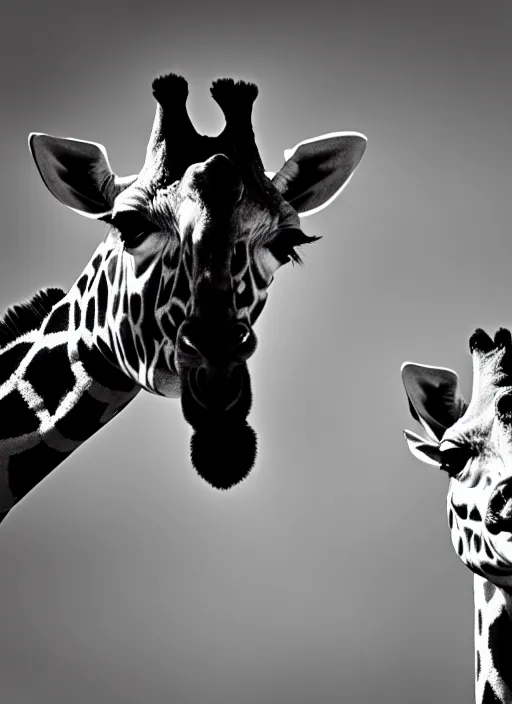 Image similar to two giraffe black and white portrait white sky in background