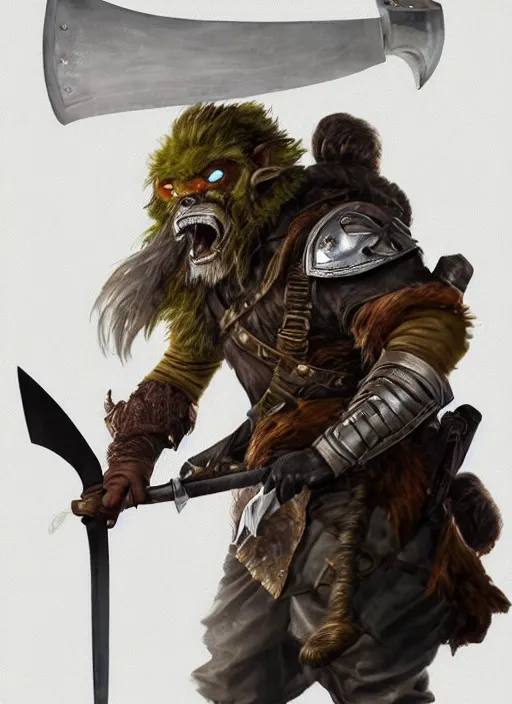 Image similar to photorealistic bugbear ranger holding sword on fire, magic, black beard, dungeons and dragons, pathfinder, roleplaying game art, hunters gear, jeweled ornate leather and steel armour, concept art, character design on white background, by sargent, norman rockwell, makoto shinkai, kim jung giu, artstation trending, poster art, colours red