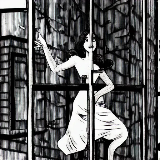 Image similar to Woman floating outside of apartment window, black and white, junji ito style, creepy, horror,