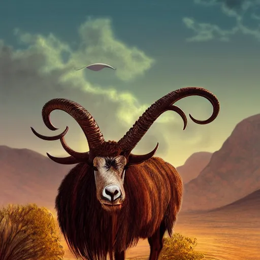 Image similar to ram stuck to a bush by it's horns, caught with its horn in a bush. Desert mountain background. Sunrise. digital painting, concept art, highly detailed, promotional art, HD, digital painting, trending on ArtStation, golden ratio, rule of thirds